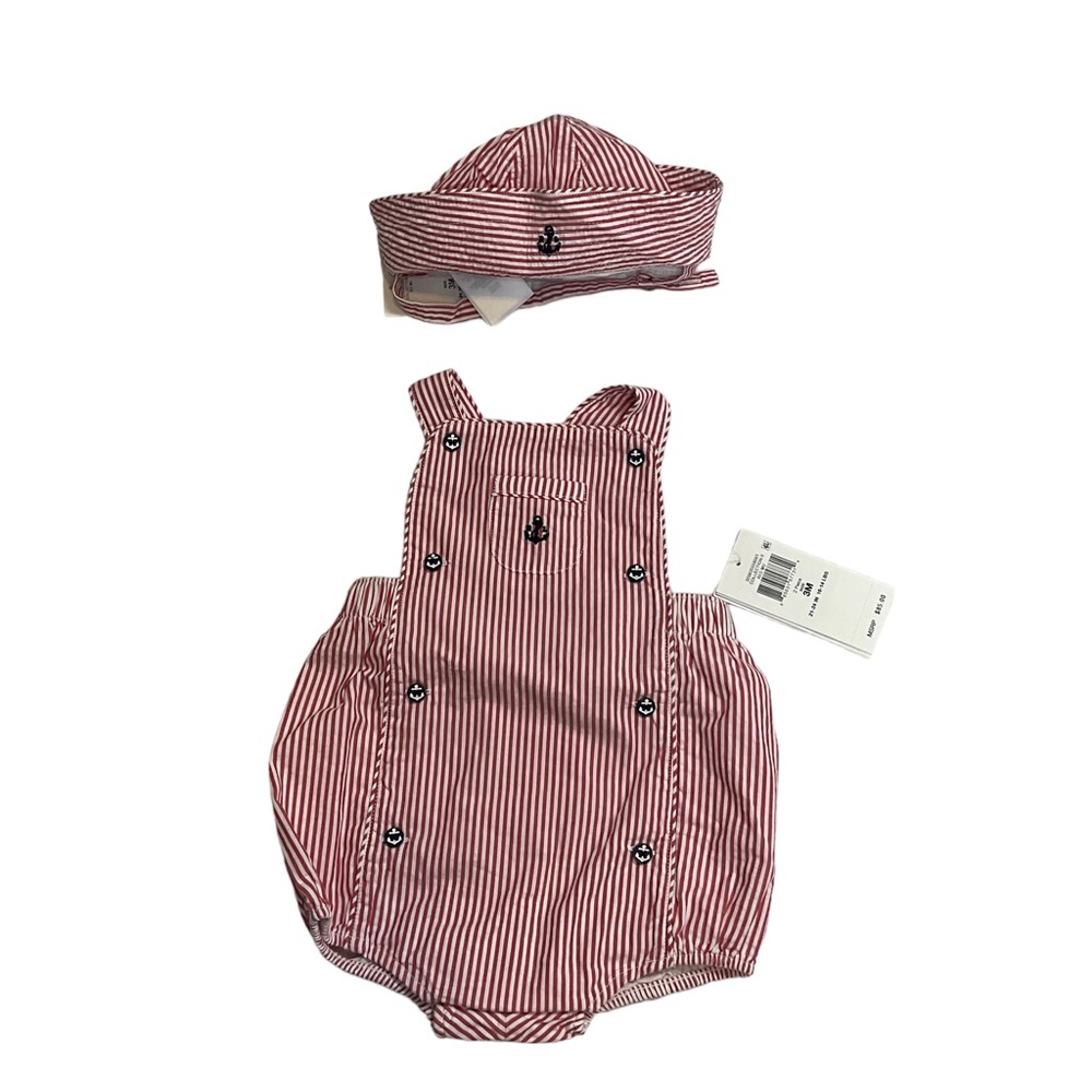 Polo Ralph Lauren Nautical Anchor Seersucker Overalls & Hat Set Size 3M